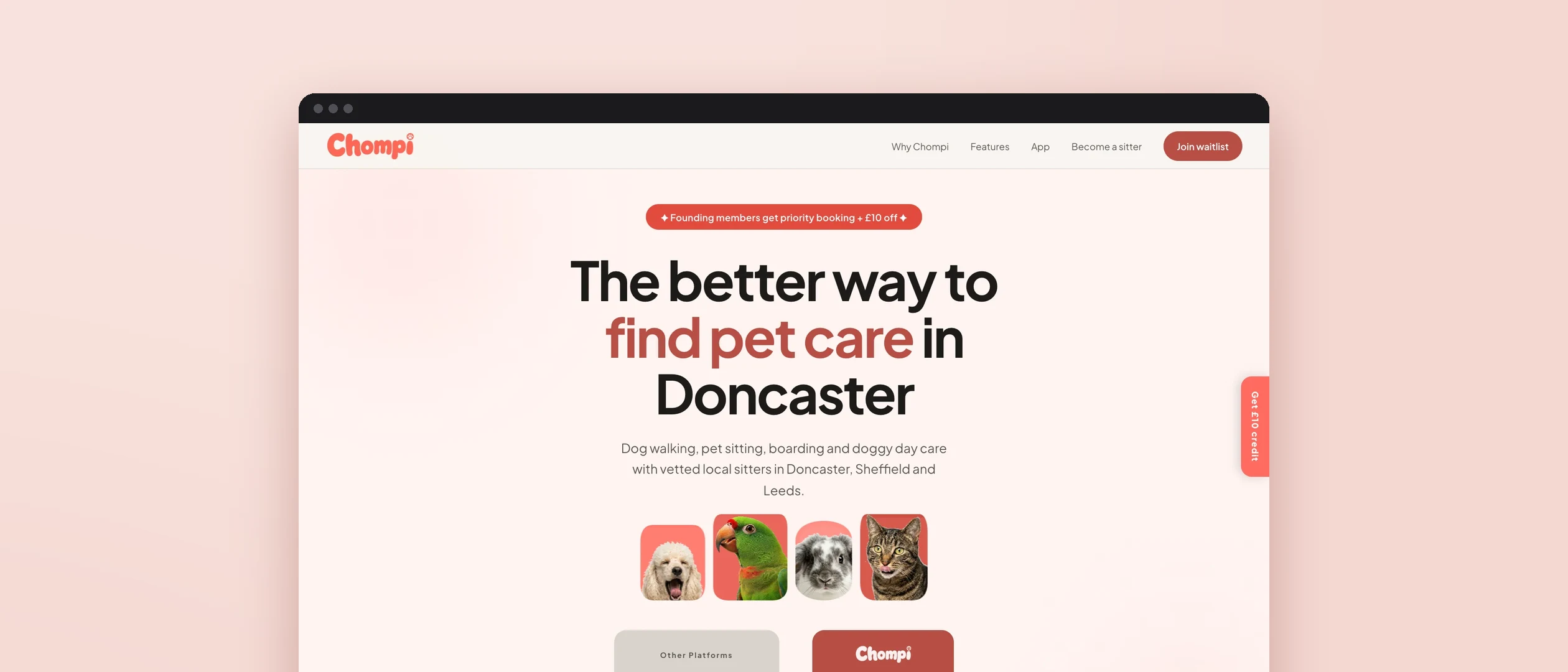 Chompi homepage: "The better way to find pet care in Doncaster", shown in a browser window