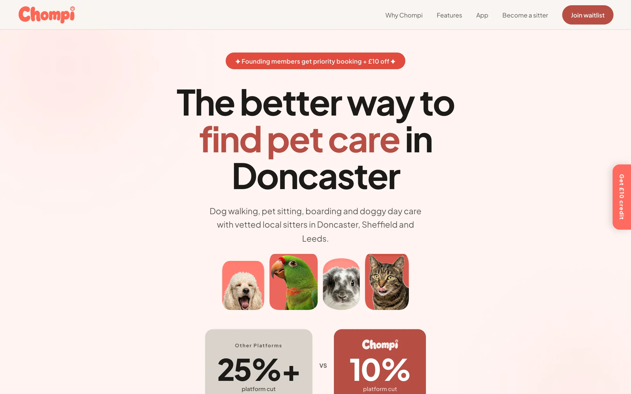 The Chompi homepage, with the founding-member offer and fee comparison